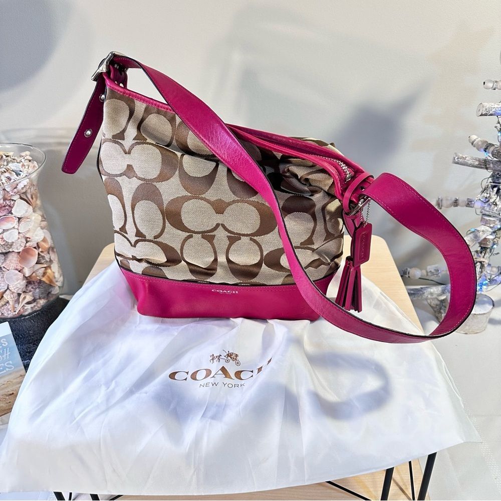 COACH Signature Tan And Pink Stripe Shoulder Bag Purse - Picture 9 of 16